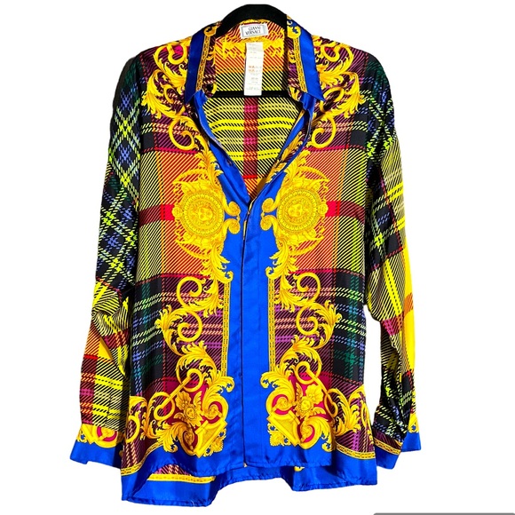 90s Versace Silk Multicolor Plaid Shirt Medusa Head Baroque